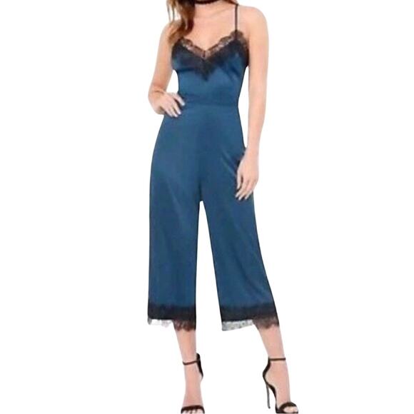 Bebe X Naven Lace Trim Blue Teal Satin Jumpsuit Size 00 Strappy Lace Trim Party - Picture 1 of 11